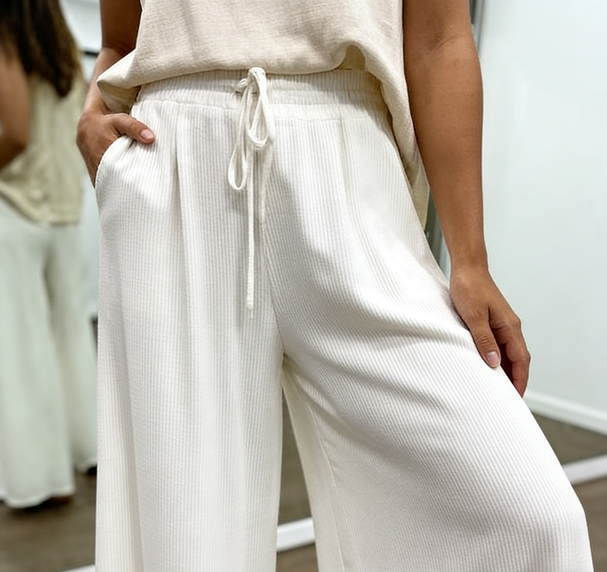 White Drawstring Wide Leg Pants