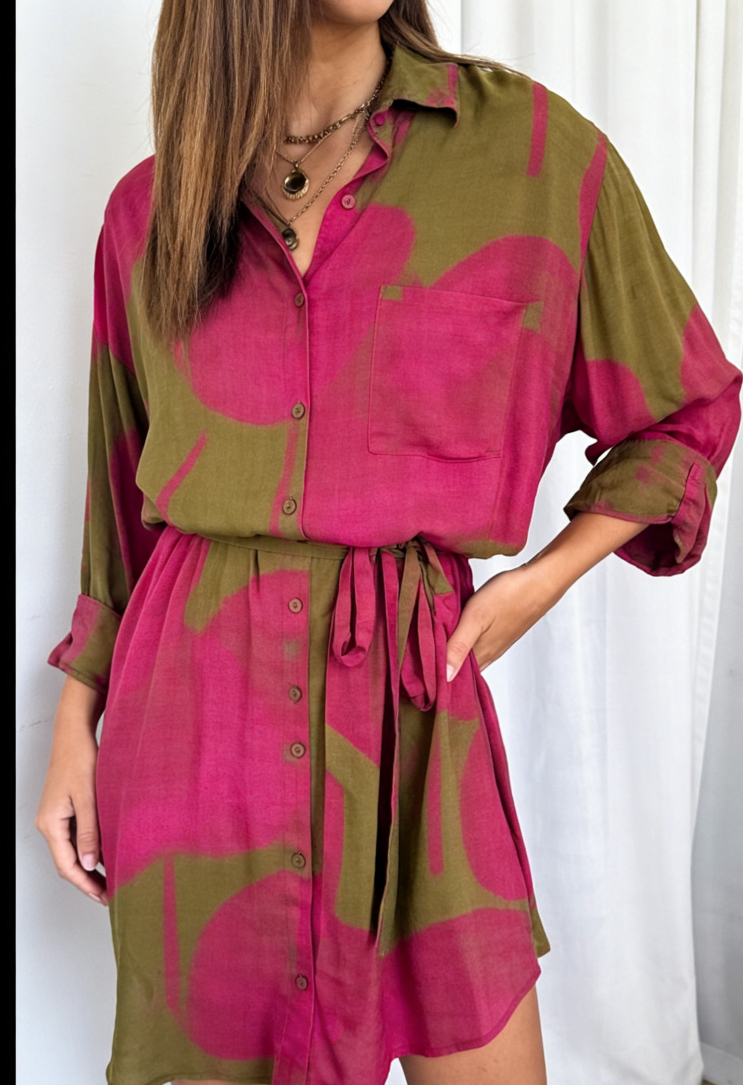 Khaki And Hot Pink Tropical Print Belted Shirt Dress