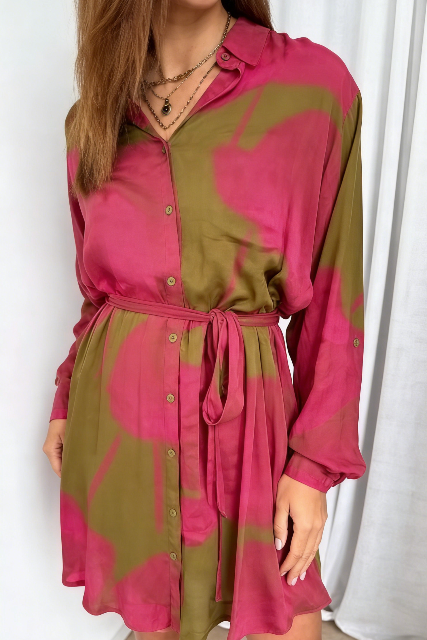 Khaki And Hot Pink Tropical Print Belted Shirt Dress