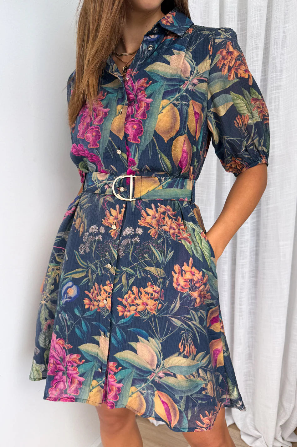 Midnight Tropical Floral Belted Shirt Dress