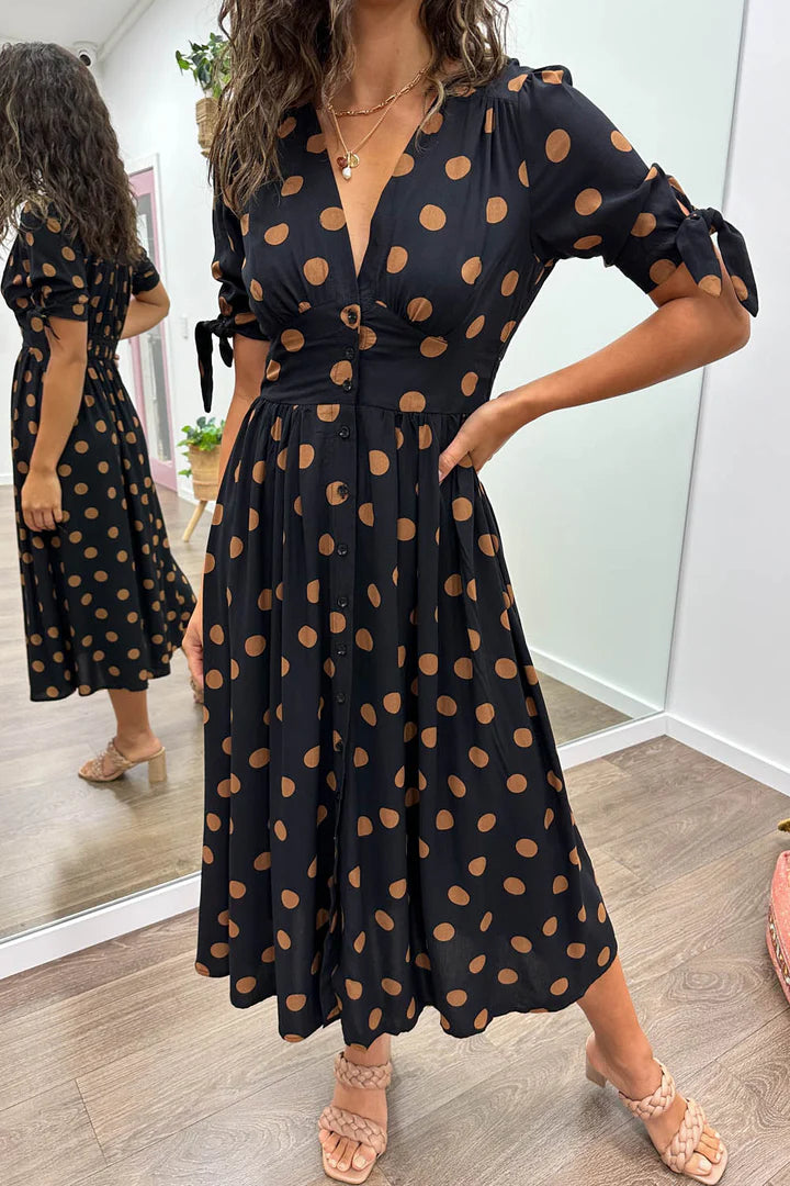 Black And Camel Polka Dot Midi Dress