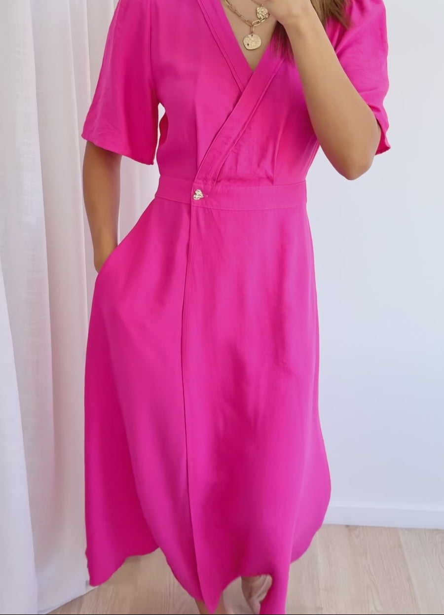 Hot Pink Wrap Front Midi Dress